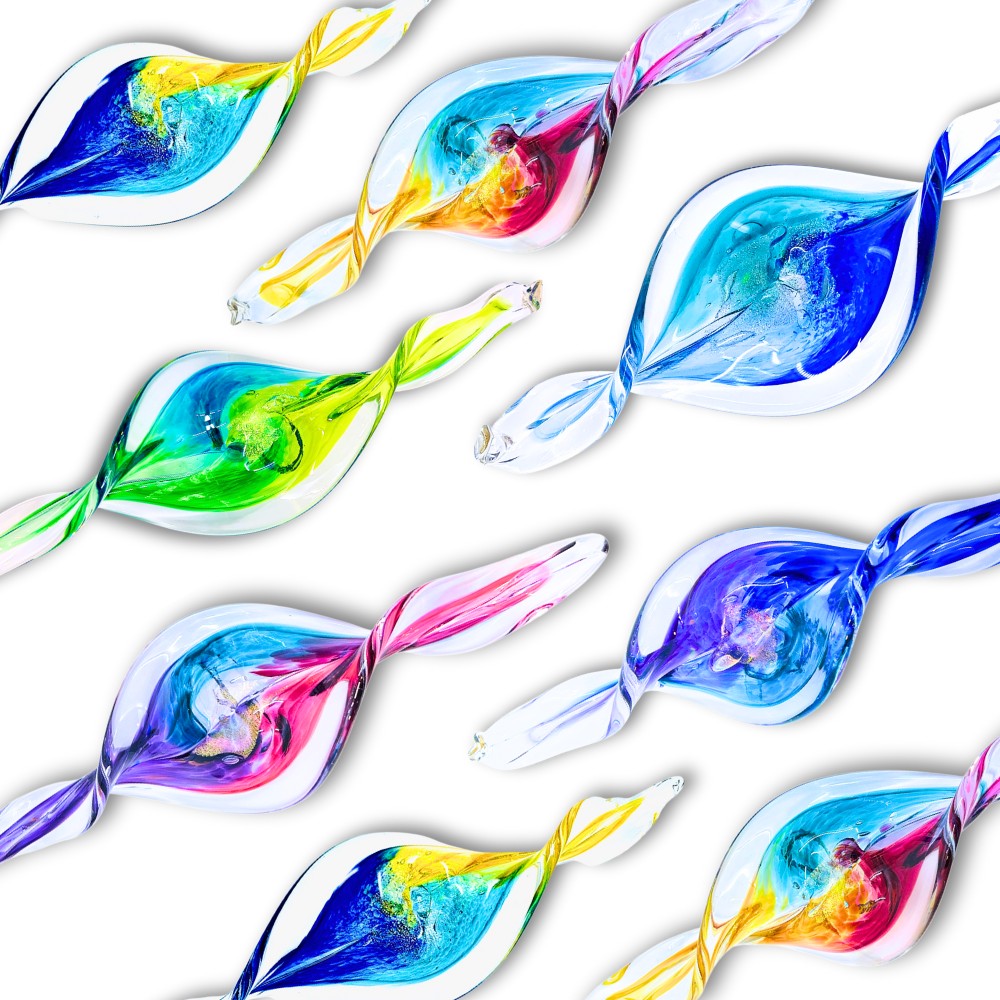 Mellow Monkey 7-inch hand-blown glass spiral ornament featuring vibrant swirling colors and a hypnotic twisted design.