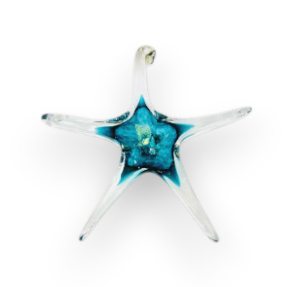 Mellow Monkey 7-inch hand-blown glass star ornament with a clear and deep blue center for window hanging.