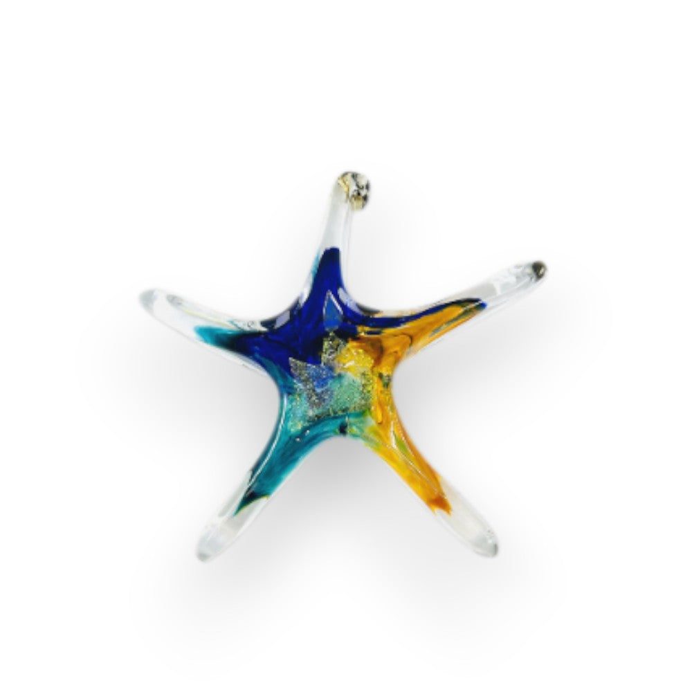 Mellow Monkey 7-inch hand-blown glass star ornament featuring vibrant blue, teal, and yellow swirls with glitter.