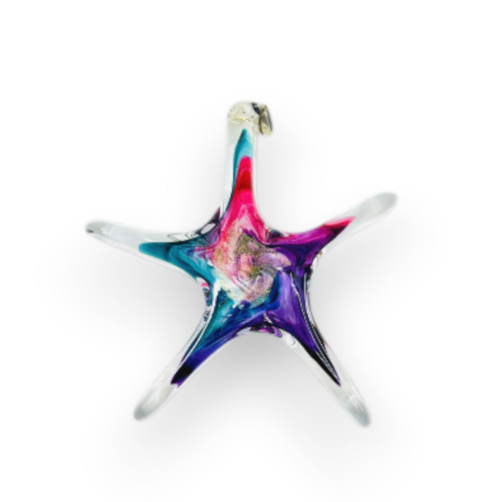 Mellow Monkey 7-inch hand-blown glass star ornament with vibrant pink, blue, and purple swirling colors.