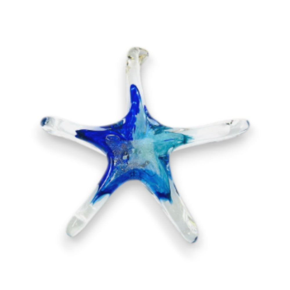 Mellow Monkey 7-inch hand-blown glass star ornament featuring blue and clear swirling colours with a hanging loop