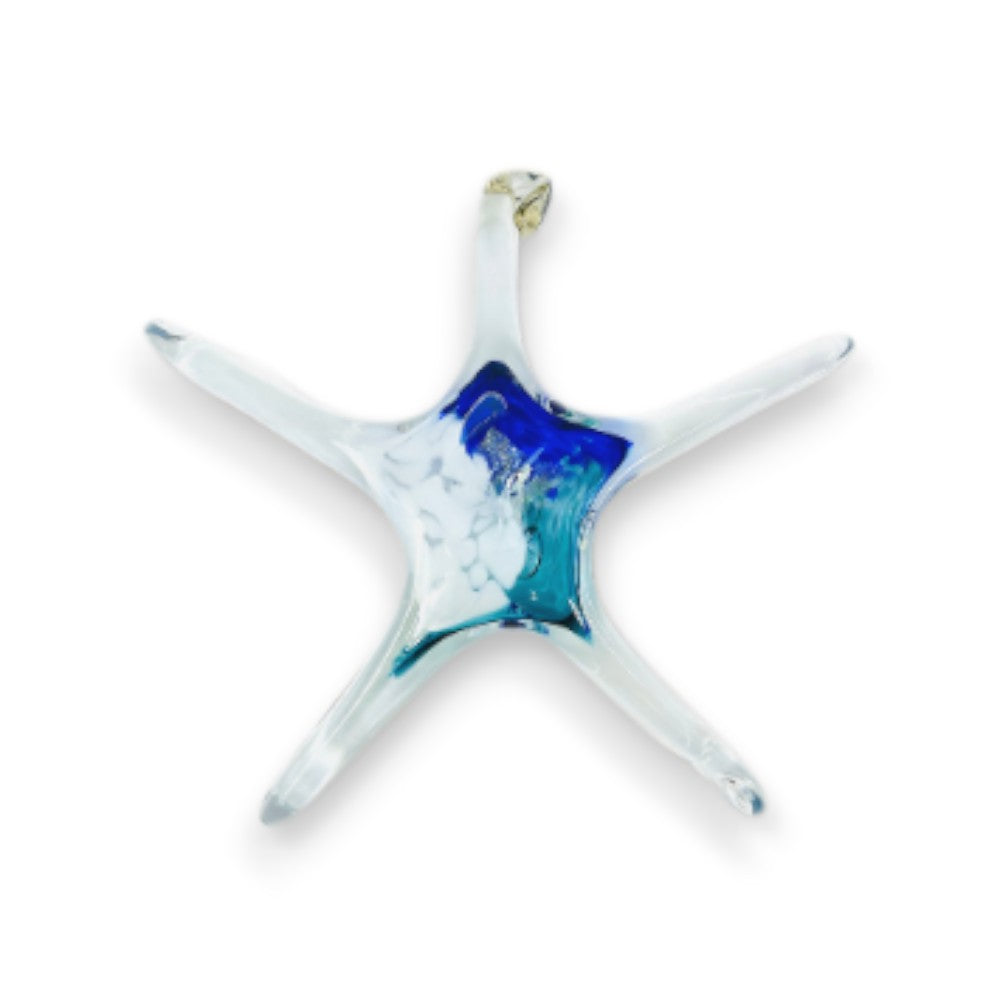 Mellow Monkey 7-inch hand-blown glass star ornament with blue and white swirls and a hanging loop