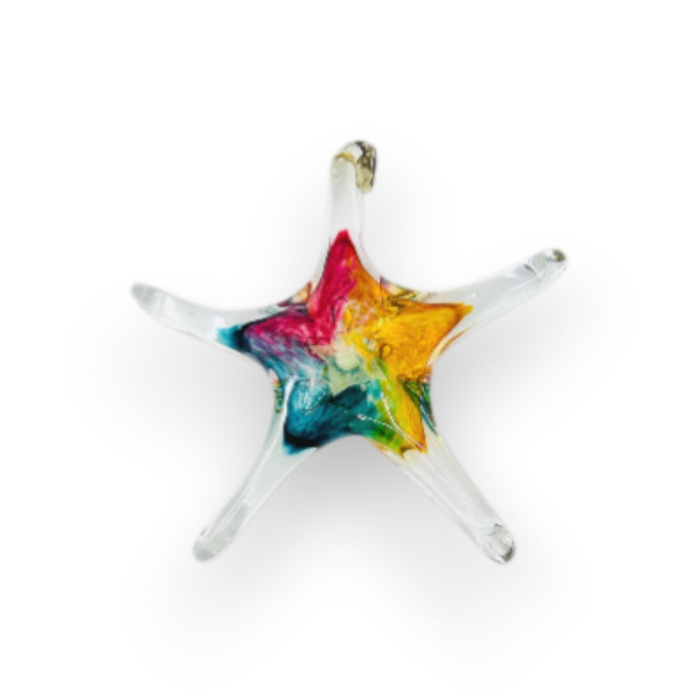 Mellow Monkey 7-inch hand-blown glass star ornament with vibrant multicoloured swirls on a clear glass base.