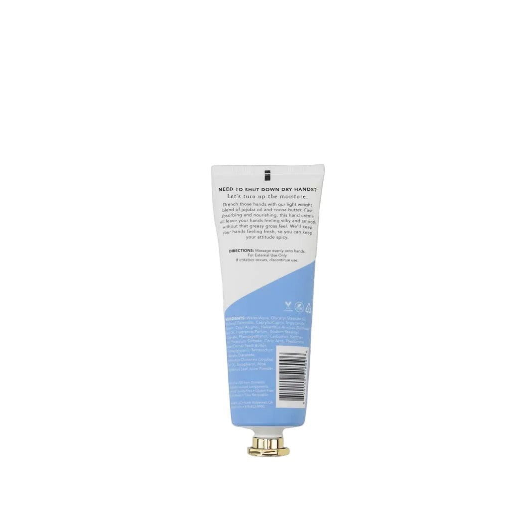 Mellow Monkey Talk to the Hand cypress and juniper scented hand cream tube back view with gold cap