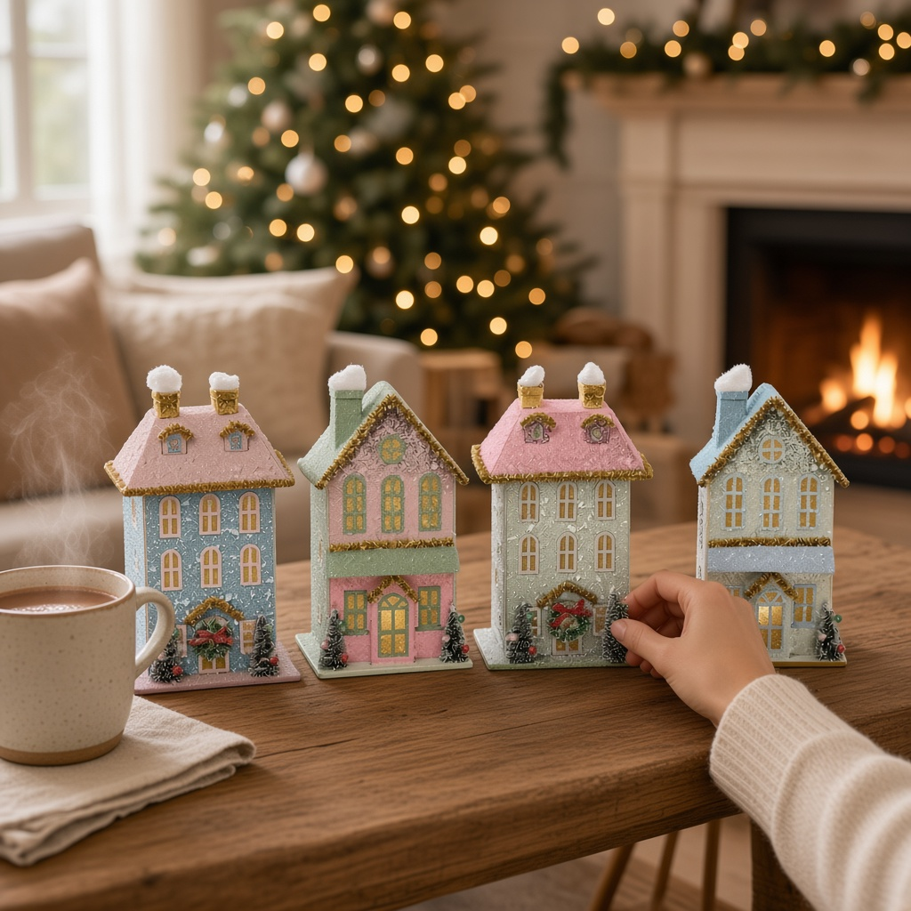 Mellow Monkey set of four handcrafted pastel light-up holiday houses with snowy roofs on a wooden table