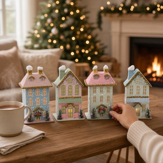 Mellow Monkey set of four handcrafted pastel light-up holiday houses with snowy roofs on a wooden table