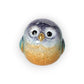 Mellow Monkey hand-painted owl figurine with blue, grey, orange, and gold accents. Features large eyes and a gold beak.
