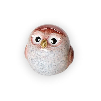 Mellow Monkey hand-painted owl figurine in speckled brown and white with gold beak and large black eyes.