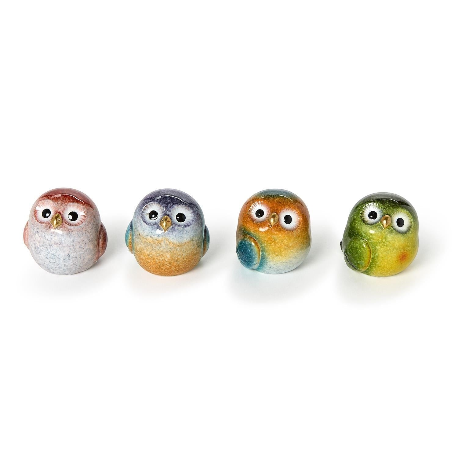 Mellow Monkey hand-painted mini owl figurines in assorted colors: red, blue, green, and orange. Ceramic, cute, decorative.