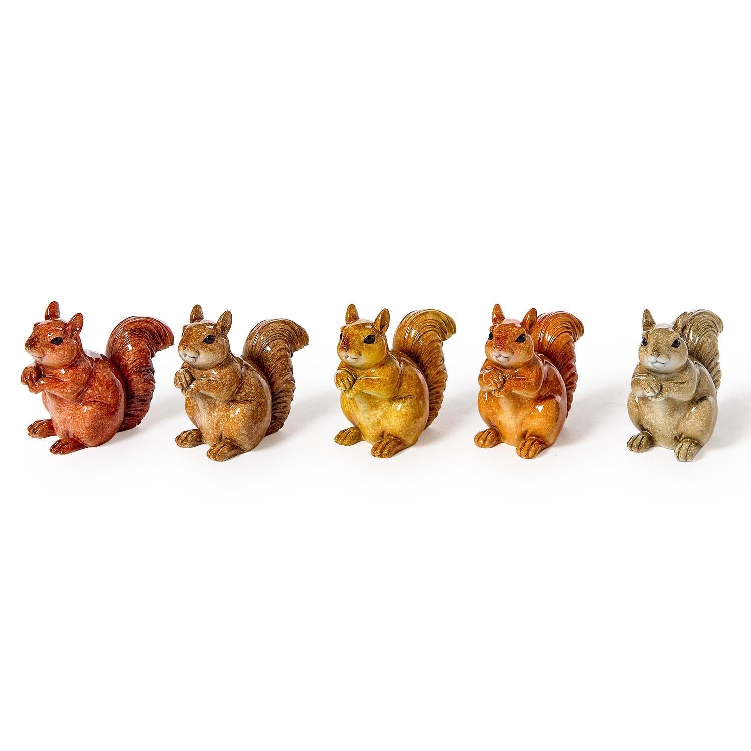Mellow Monkey set of five hand-painted resin squirrel figurines in various shades of brown and grey