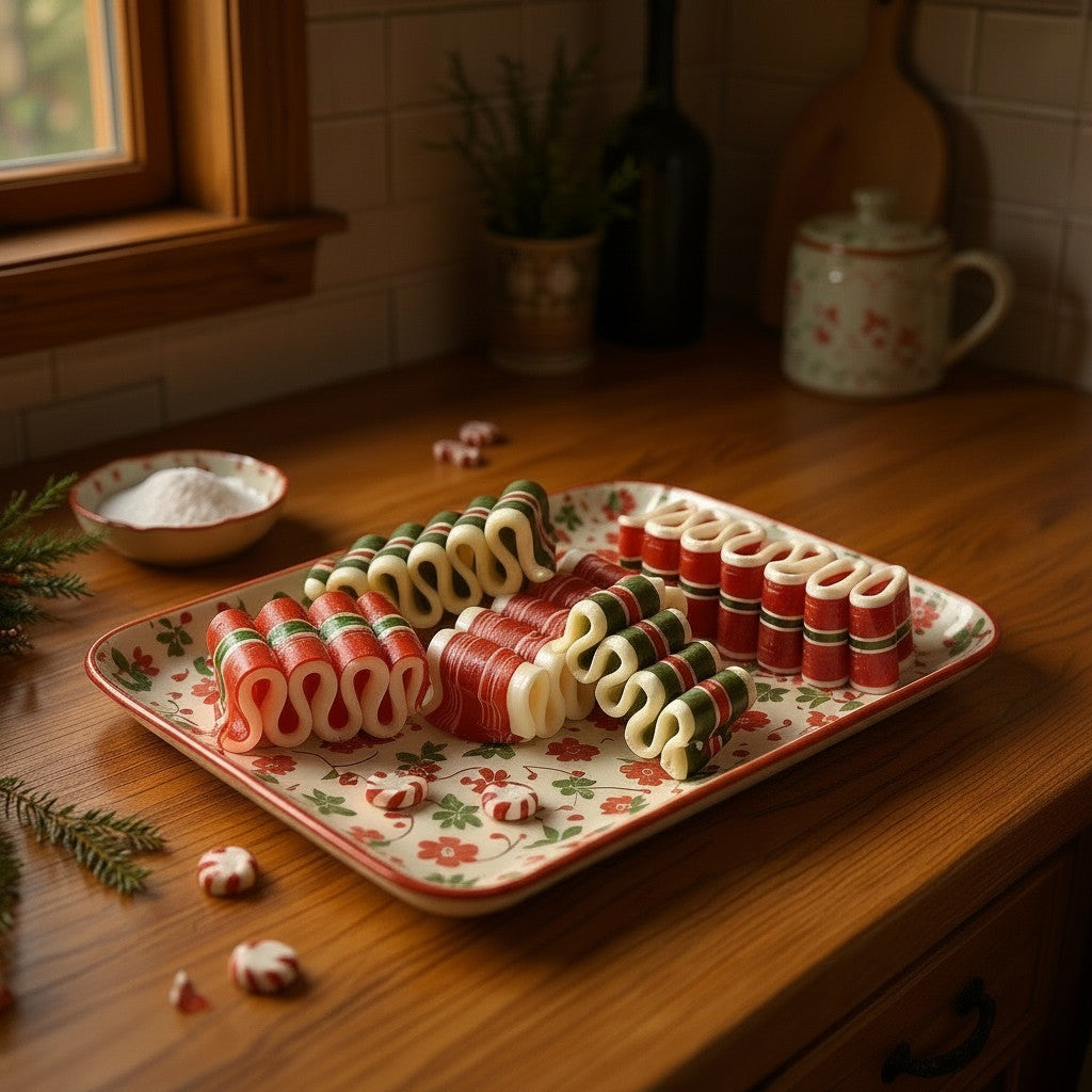 Mellow Monkey handcrafted ribbon candy in red, green, and white stripes arranged on a festive floral serving tray.