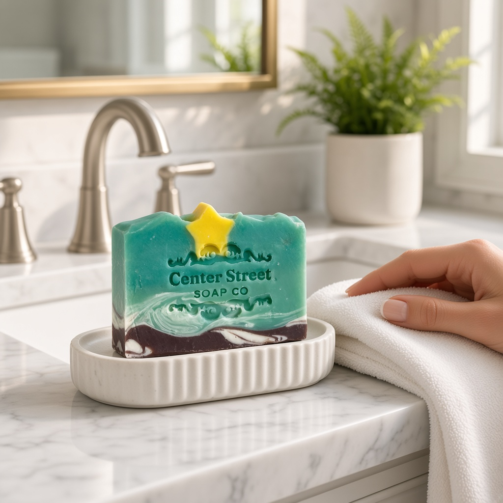 Mellow Monkey handmade artisan soap bar with green and dark brown swirls and a yellow star accent on a white dish.