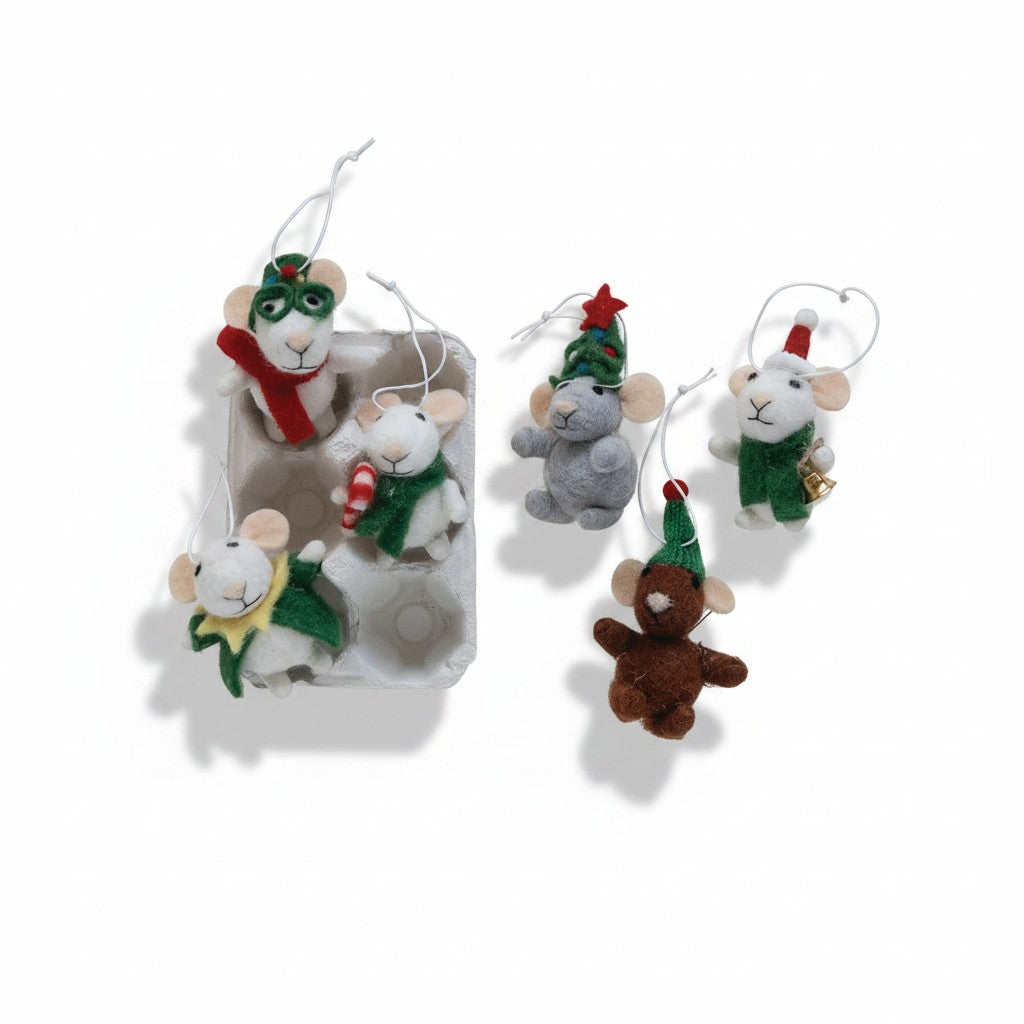 Mellow Monkey set of six handmade wool felt mice ornaments in festive holiday outfits displayed in an egg crate.