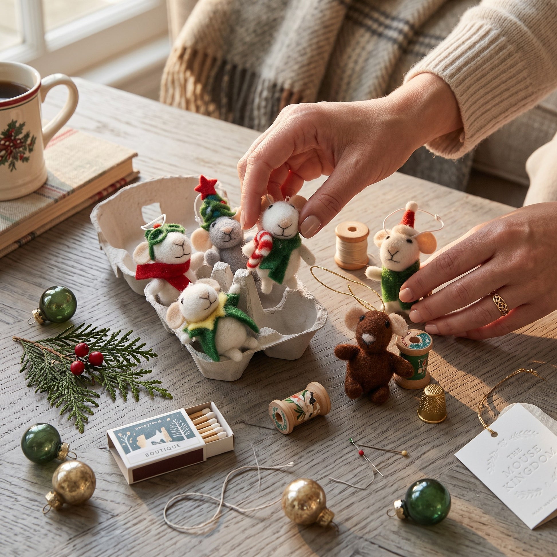 Mellow Monkey handmade wool felt mice ornaments in festive holiday outfits displayed in a rustic egg crate