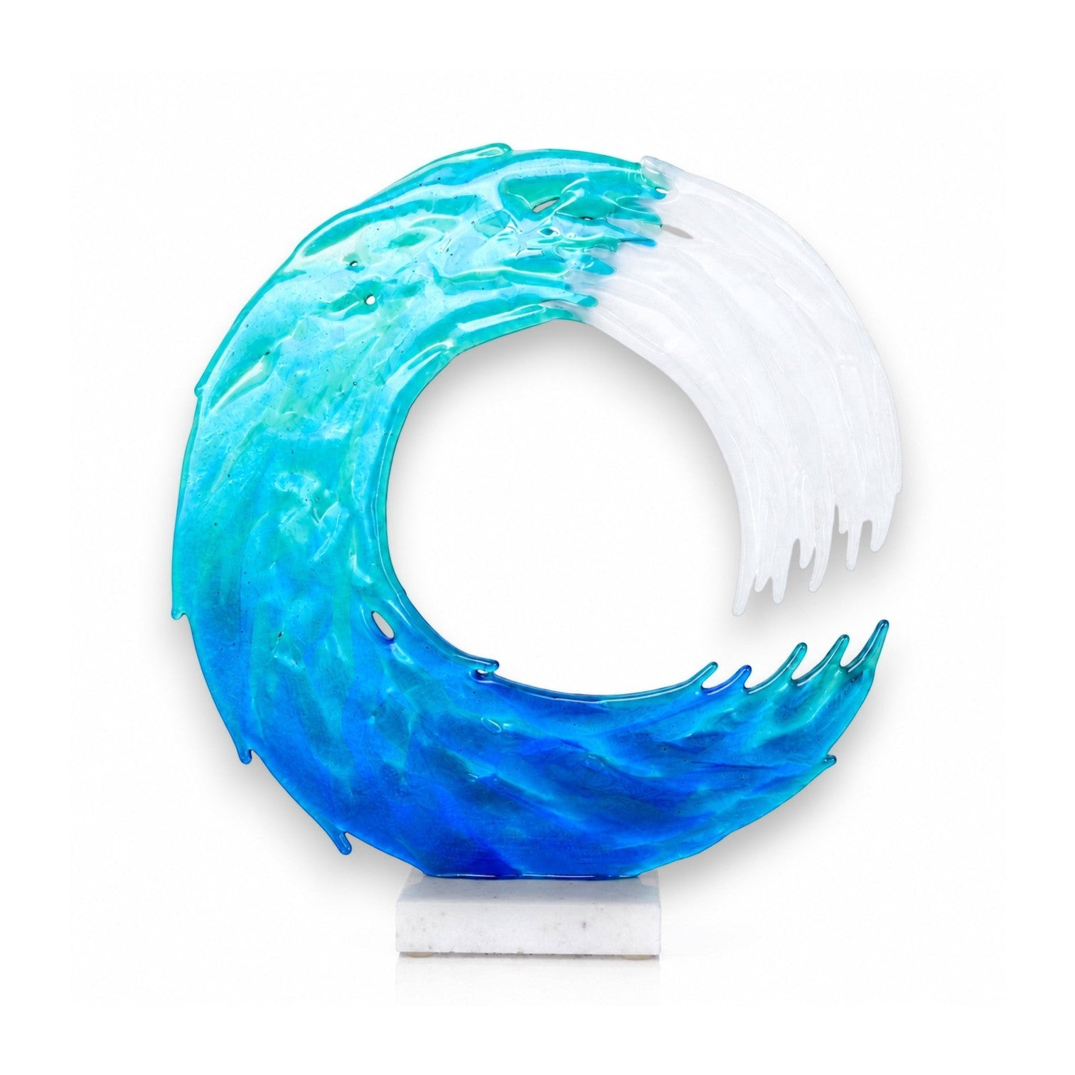 Mellow Monkey 13-inch handmade fused glass ocean wave sculpture with translucent blue and white coastal tones.