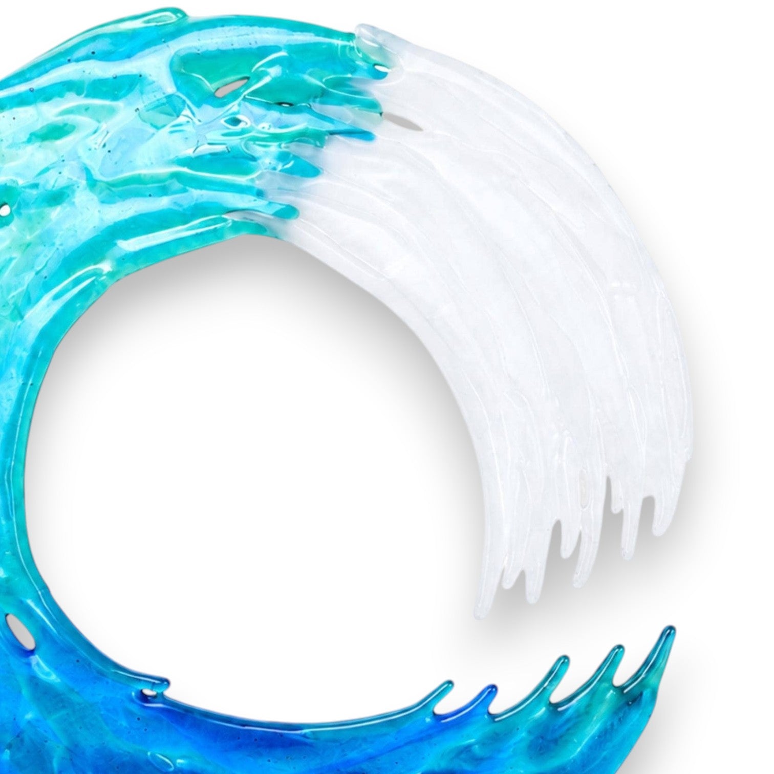 Mellow Monkey 13-inch handmade fused glass ocean wave sculpture with blue and white translucent coastal tones.