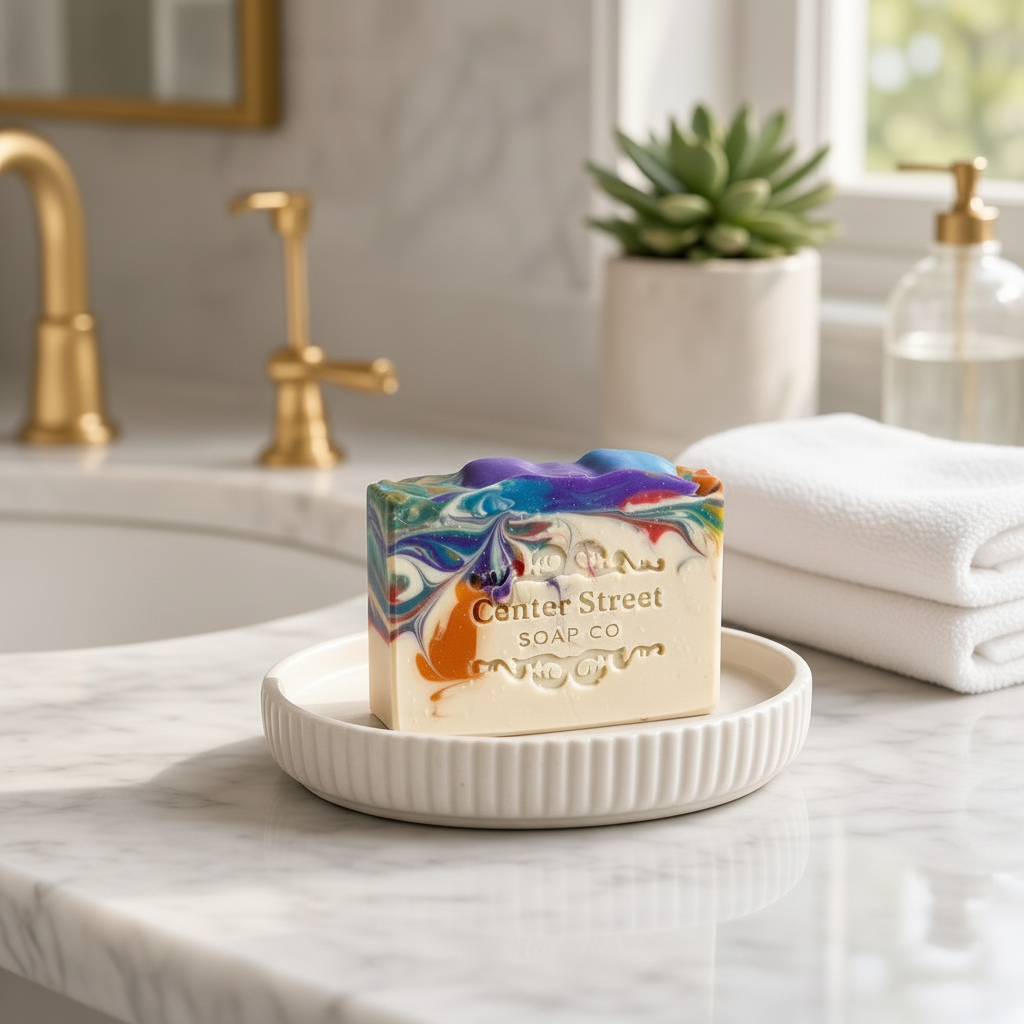 Mellow Monkey Deck The Halls handmade bar soap with colorful holiday light swirls on a white ceramic soap dish.