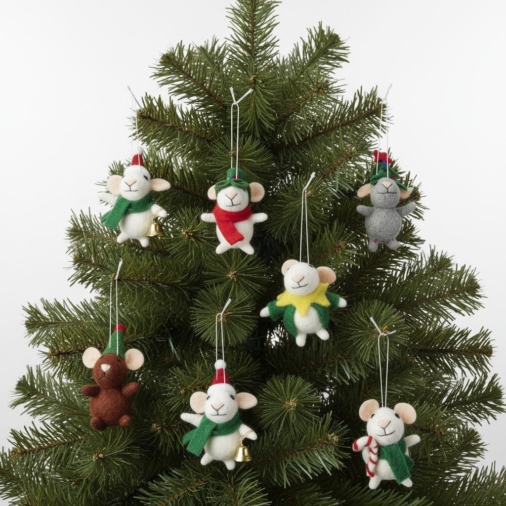Mellow Monkey set of six handmade wool felt mice ornaments in festive holiday outfits hanging on a Christmas tree