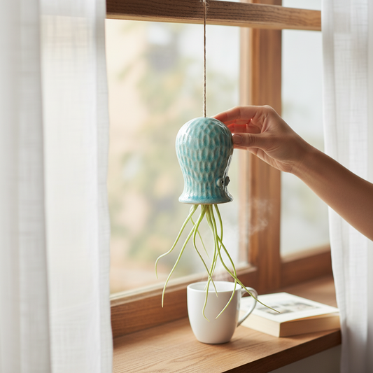Mellow Monkey light blue hanging ceramic air plant holder with a live Tillandsia plant held by a hand near a window