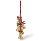 Mellow Monkey hanging holiday decor featuring five gold bells accented with festive red and green tartan ribbon bows.
