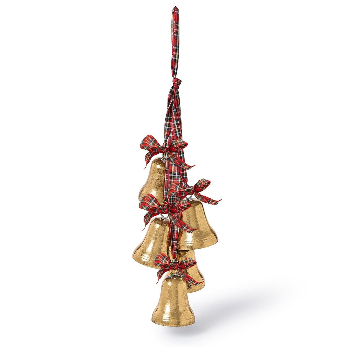 Mellow Monkey hanging holiday decor featuring five gold bells accented with festive red and green tartan ribbon bows.