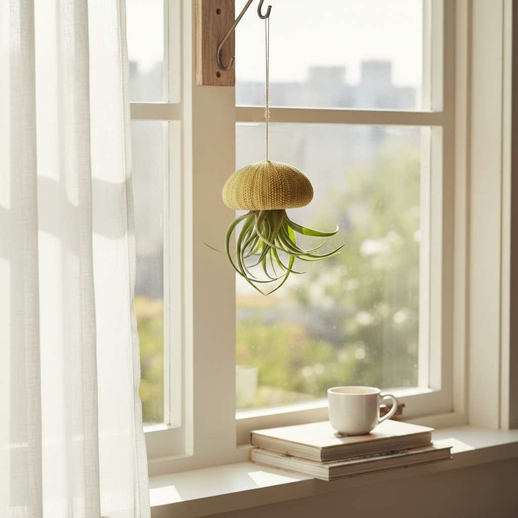 Mellow Monkey hanging green Tillandsia air plant inside a natural sea urchin shell suspended by a string in a window.