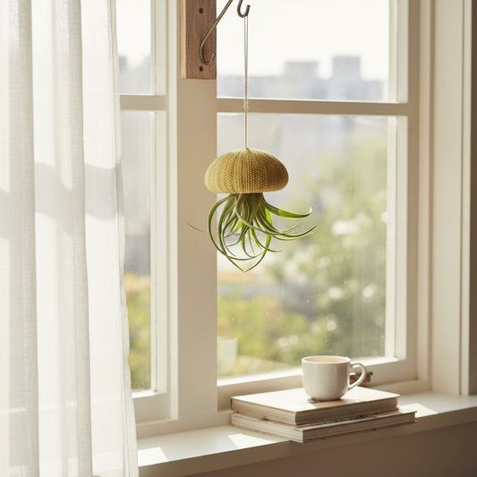 Mellow Monkey hanging green Tillandsia air plant inside a natural sea urchin shell suspended by a string in a window.