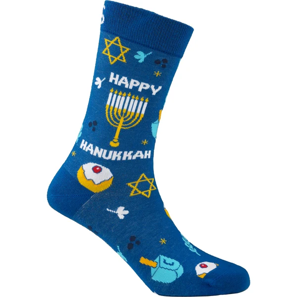 Mellow Monkey blue bamboo knit socks featuring a Happy Hanukkah menorah, dreidel, and Star of David pattern.