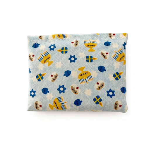 Mellow Monkey Mantra Beads sensory calm bag featuring a blue fabric with dreidel, menorah, and Star of David print.