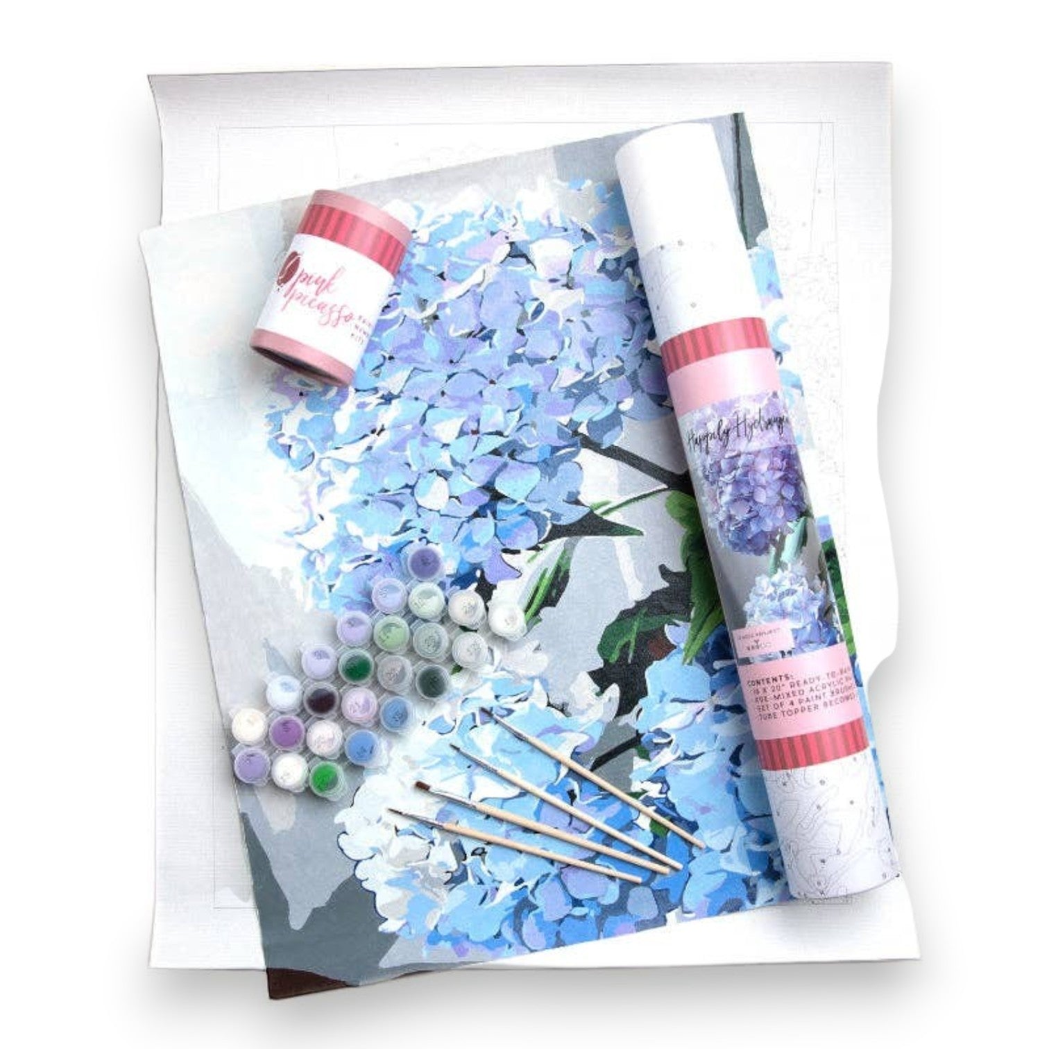 Mellow Monkey Happily Hydrangea paint by number kit with blue floral canvas, acrylic paints, and brushes.