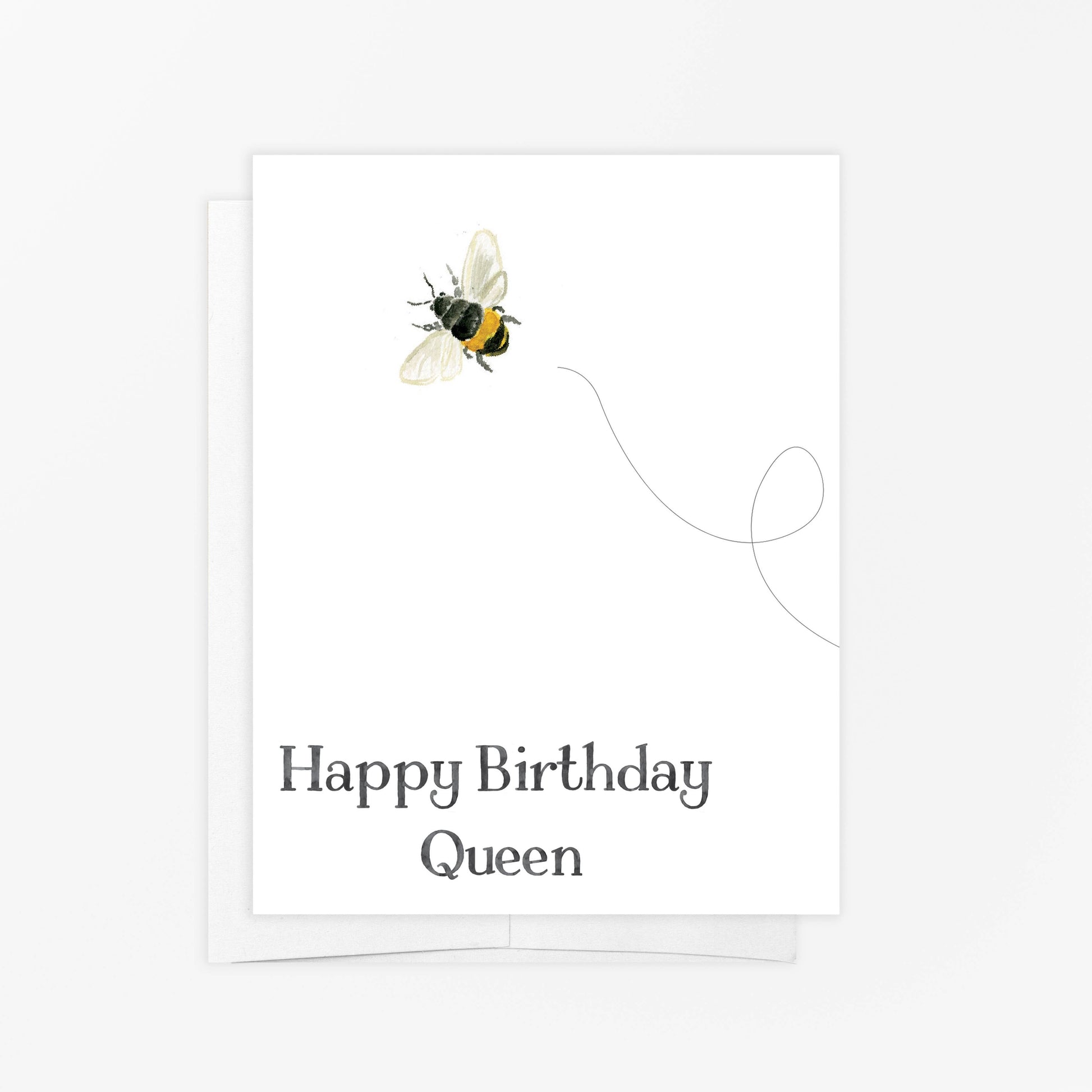 Mellow Monkey Happy Birthday Queen greeting card with bee art and blank interior. Printed on FSC-certified paper.