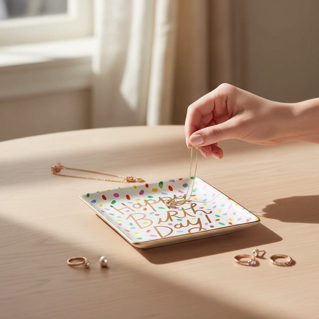 Mellow Monkey square ceramic trinket tray with colorful confetti and gold "Happy Birthday" lettering. Ideal for jewelry.