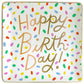 Mellow Monkey square ceramic trinket tray with colorful confetti and gold "Happy Birthday" lettering. Perfect for jewelry.