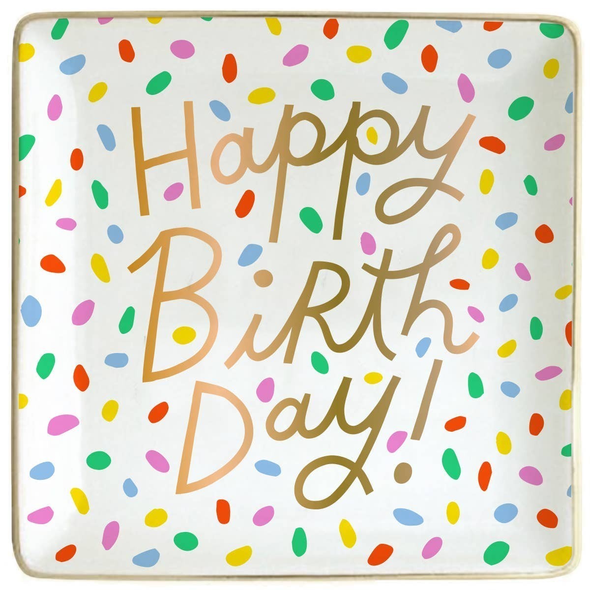 Mellow Monkey square ceramic trinket tray with colorful confetti and gold "Happy Birthday" lettering. Perfect for jewelry.