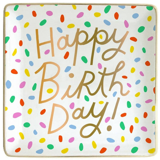 Mellow Monkey square ceramic trinket tray with colorful confetti and gold "Happy Birthday" lettering. Perfect for jewelry.