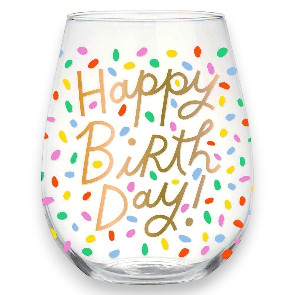 Mellow Monkey Happy Birthday stemless wine glass with colorful confetti pattern. 22oz glass.