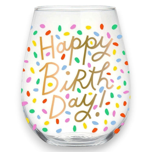 Mellow Monkey Happy Birthday stemless wine glass with colorful confetti pattern. 22oz glass.