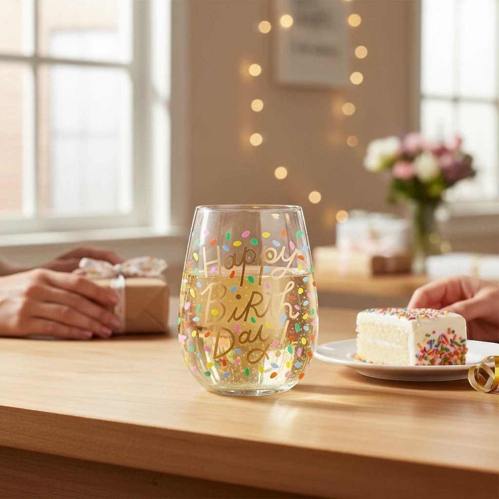 Mellow Monkey Happy Birthday stemless wine glass with gold foil lettering and colorful confetti. 22oz.