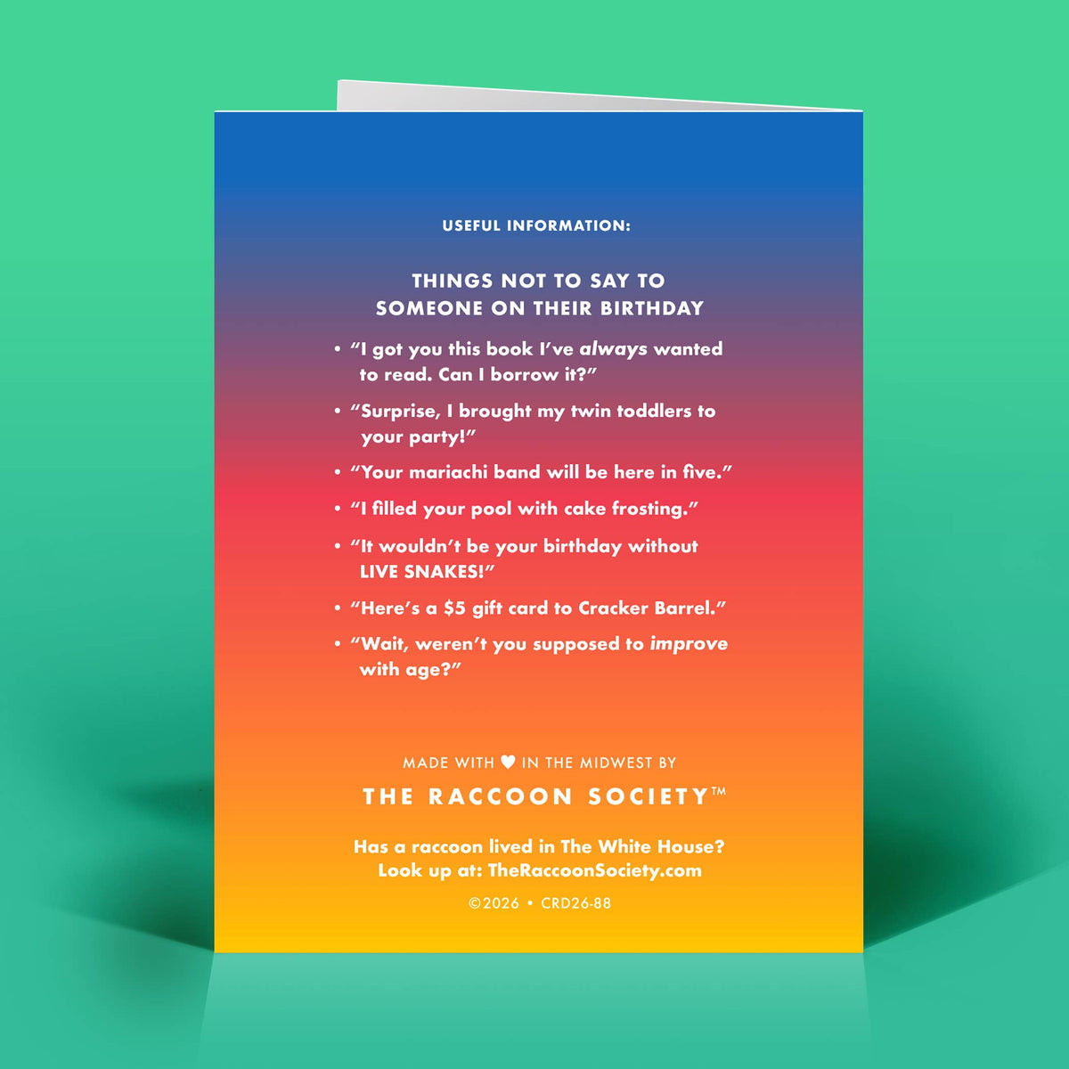 Mellow Monkey Happy Birthgay greeting card featuring a vibrant blue to orange gradient background with funny text.