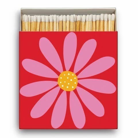 Mellow Monkey Happy Flower safety matches box with 120 matches, featuring a pink daisy on a red background.