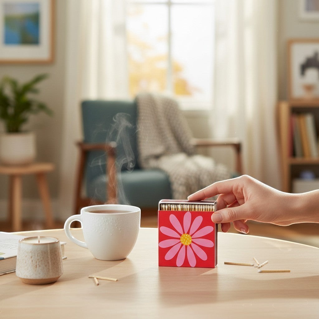 Mellow Monkey Happy Flower safety matches box with pink and yellow daisy design. Box of 120 matches.