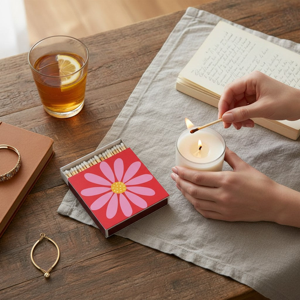 Mellow Monkey Happy Flower safety matches box with 120 matches, featuring a pink daisy on a red background.
