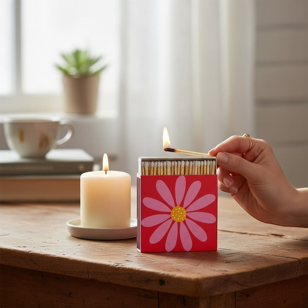 Mellow Monkey Happy Flower safety matches box with pink daisy design, 120 count, next to a lit candle.