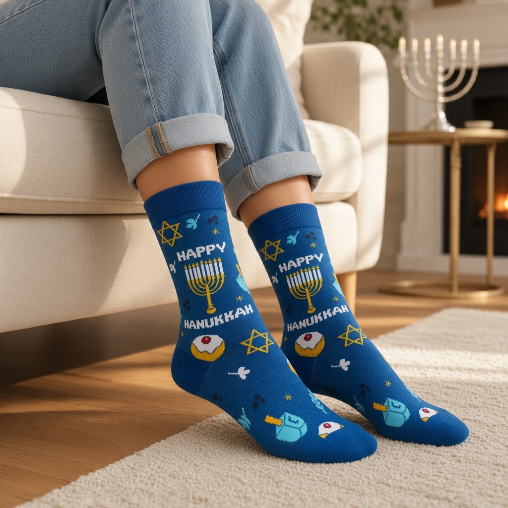 Mellow Monkey blue bamboo knit socks featuring Happy Hanukkah text, menorah, and dreidel patterns on a person.