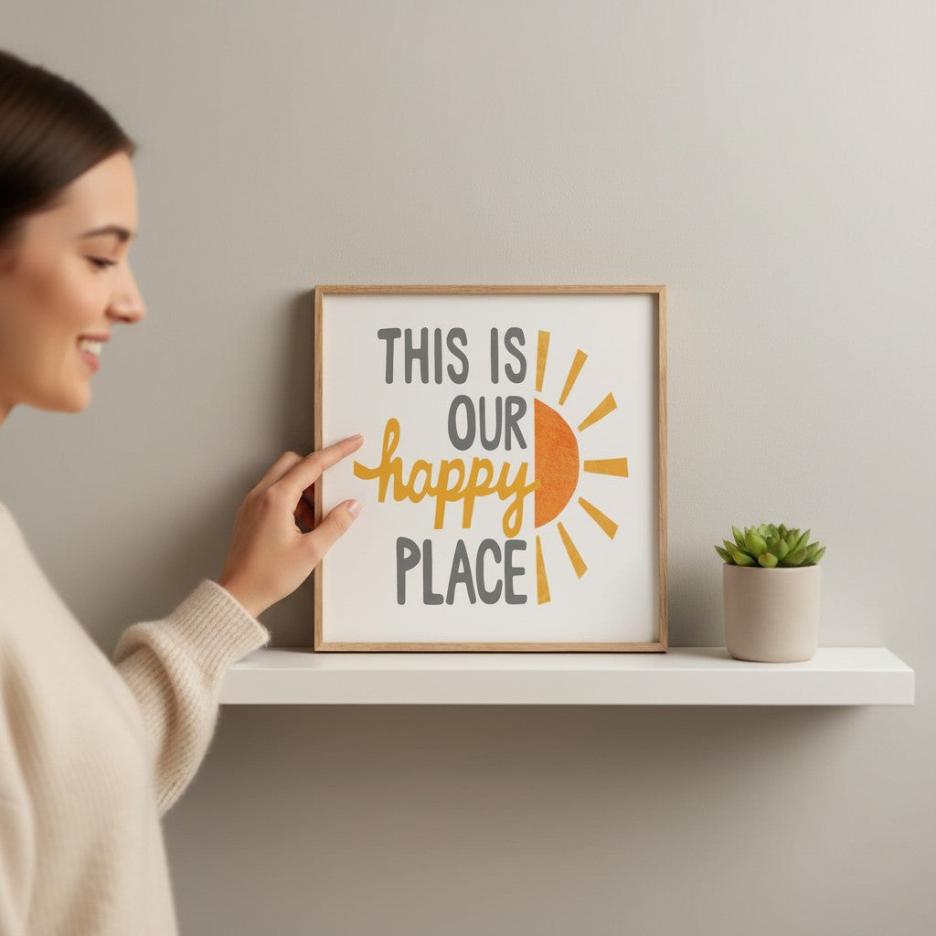 Mellow Monkey This Is Our Happy Place framed art print with a sun graphic. Wood frame, 8-3/4 x 8-3/4-in.