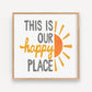 Mellow Monkey This Is Our Happy Place framed art print with sun graphic, grey and yellow text.