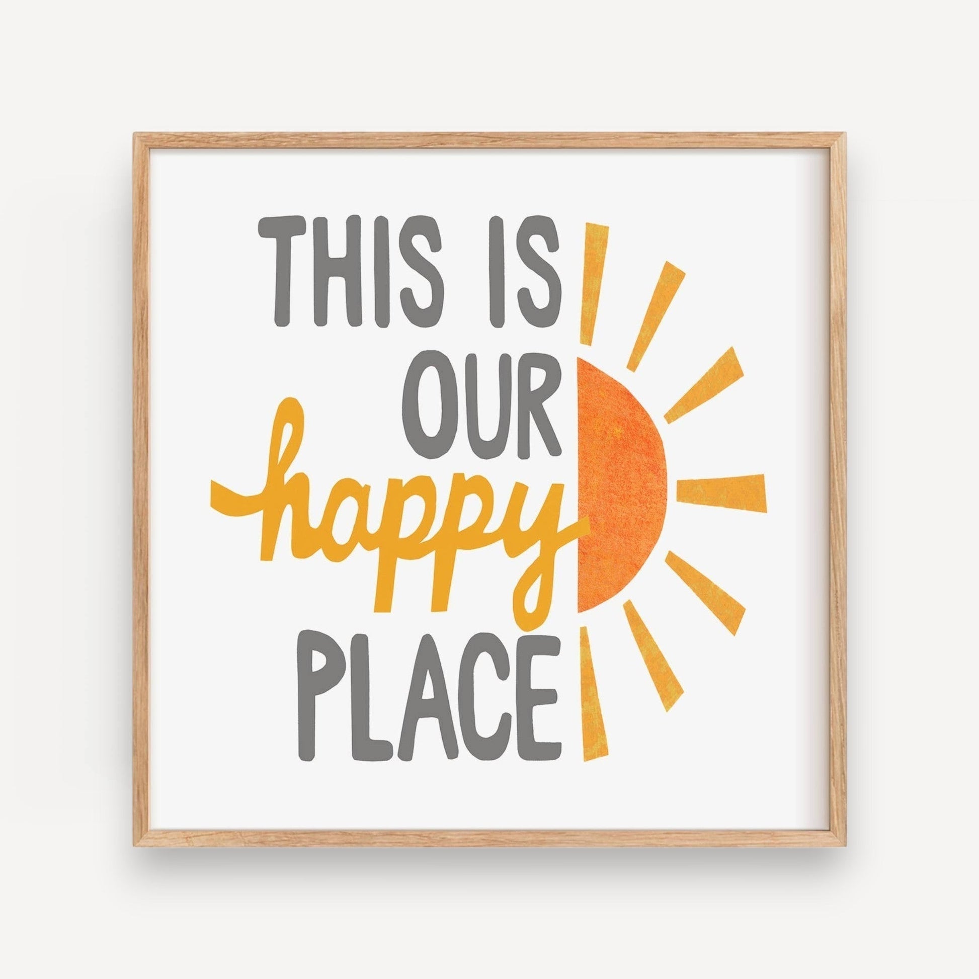 Mellow Monkey This Is Our Happy Place framed art print with sun graphic, grey and yellow text.