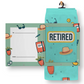 Mellow Monkey Happy Retirement gift set featuring teal socks with vacation icons and a matching greeting card.