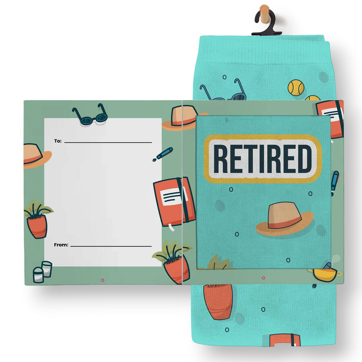 Mellow Monkey Happy Retirement gift set featuring teal socks with vacation icons and a matching greeting card.