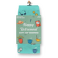 Mellow Monkey Happy Retirement greeting card and soft teal socks gift set with retirement-themed icons